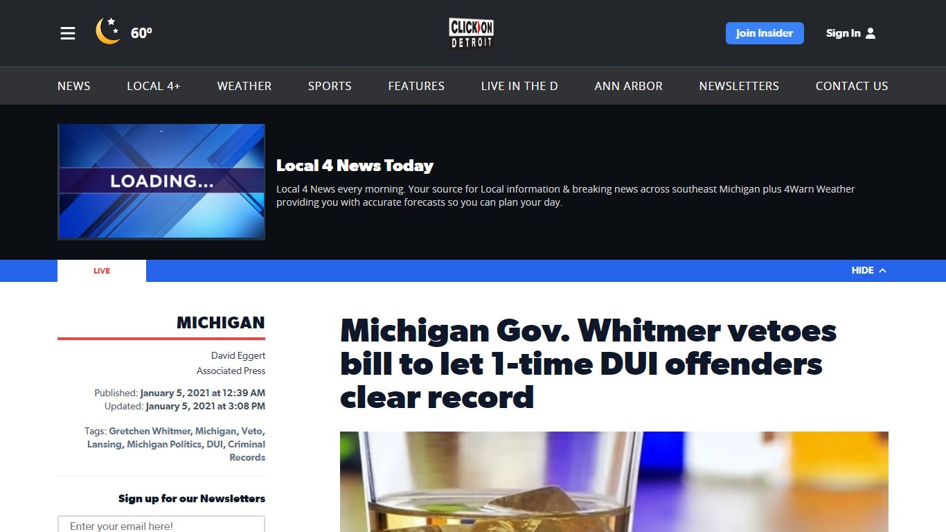 Michigan Gov. Whitmer vetoes bill to let 1-time DUI offenders clear record