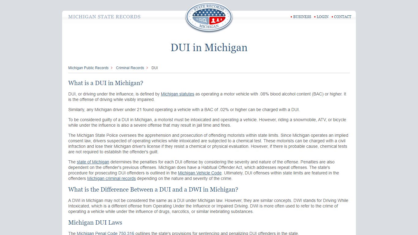 DUI in Michigan | StateRecords.org